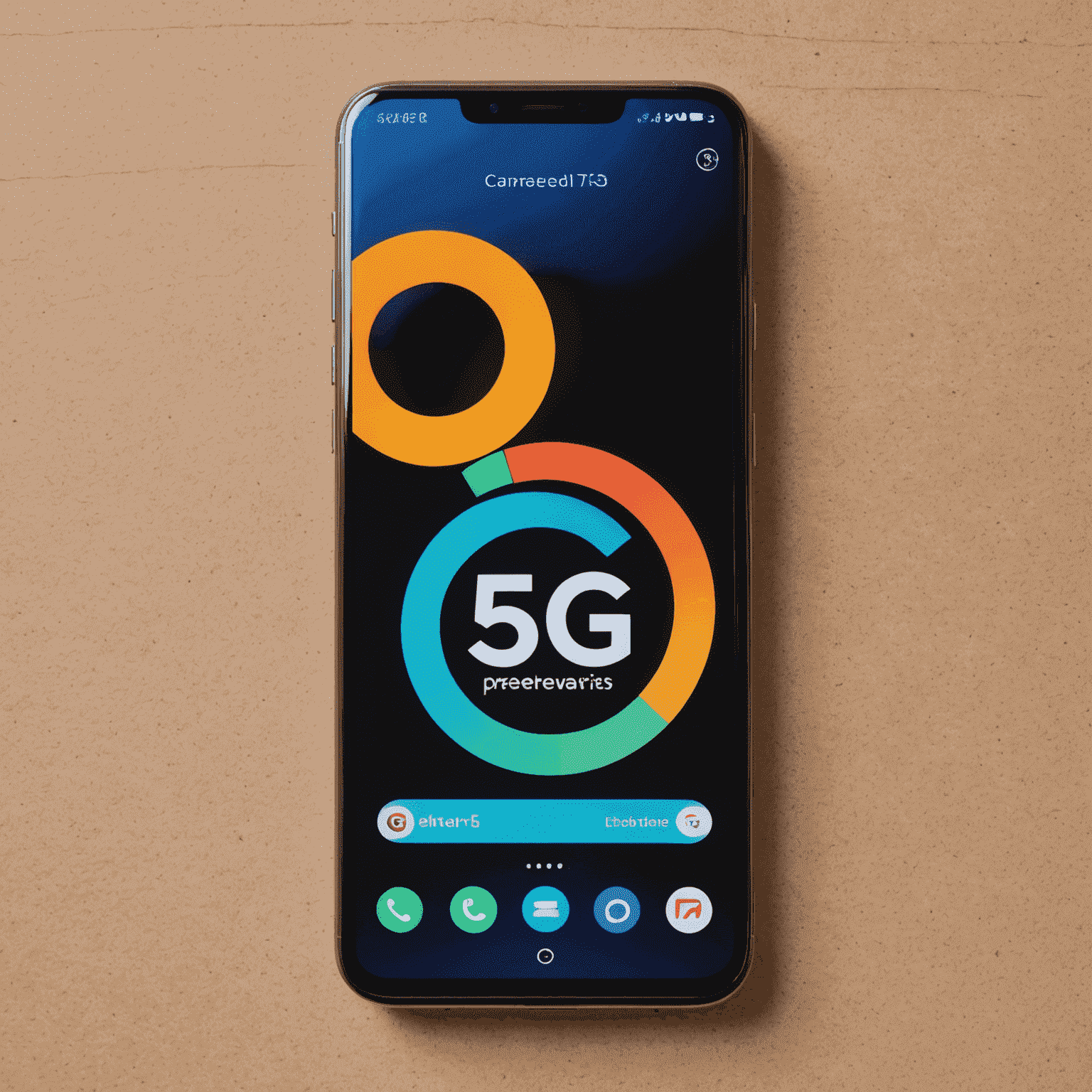 هاتف ذكي جديد بشاشة منحنية وكاميرات متعددة، يعرض شعار 5G بارزًا