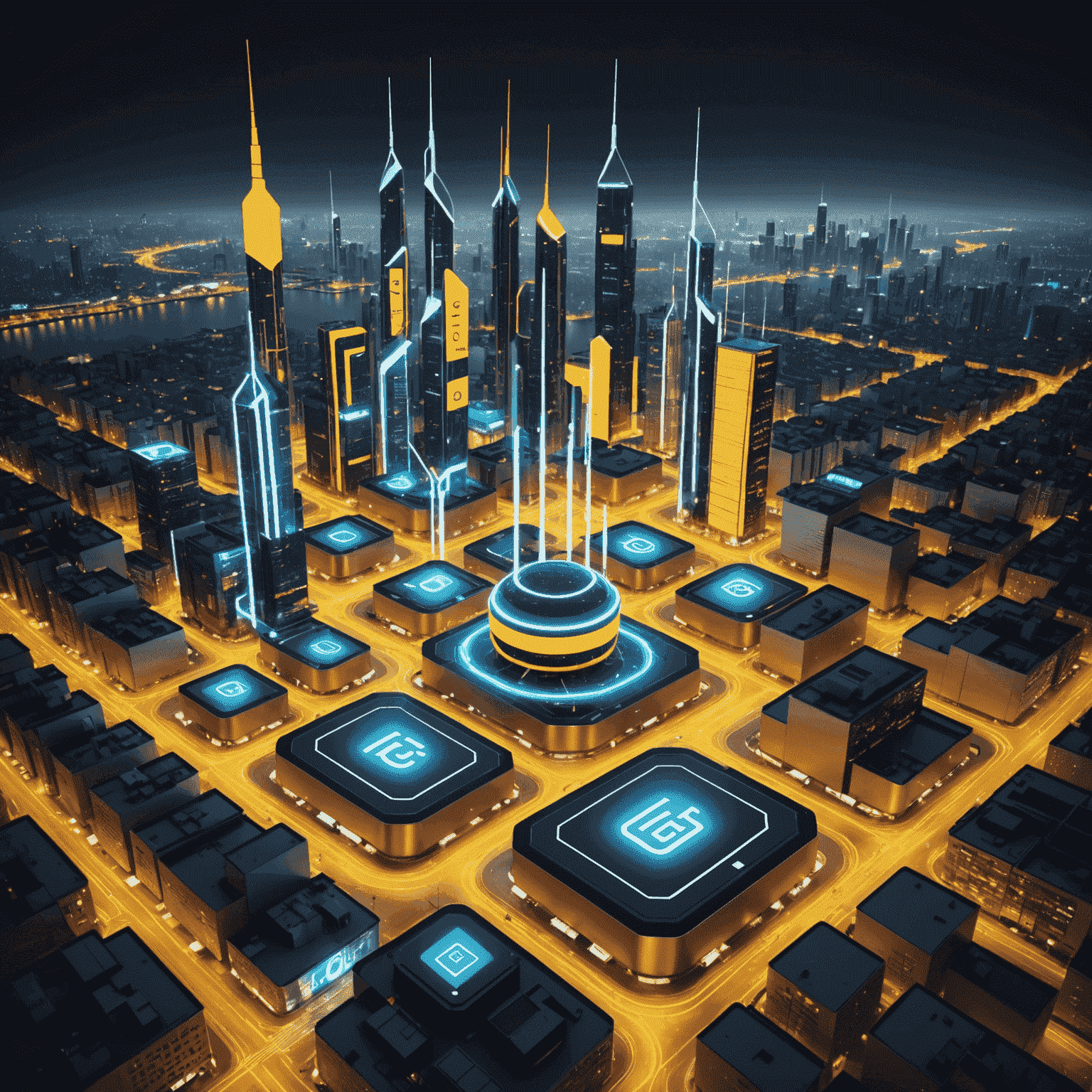صورة توضيحية لتقنية الجيل الخامس 5G مع هوائيات وأجهزة محمولة متصلة في مشهد حضري مستقبلي بألوان نيون صفراء وبيضاء