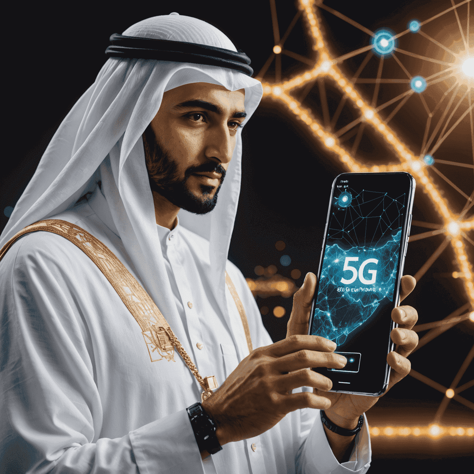 صورة لشخص يستخدم هاتفًا ذكيًا مع شعار 5G يظهر على الشاشة، مع خلفية توضح خريطة الإمارات العربية المتحدة مغطاة بشبكة اتصالات متوهجة