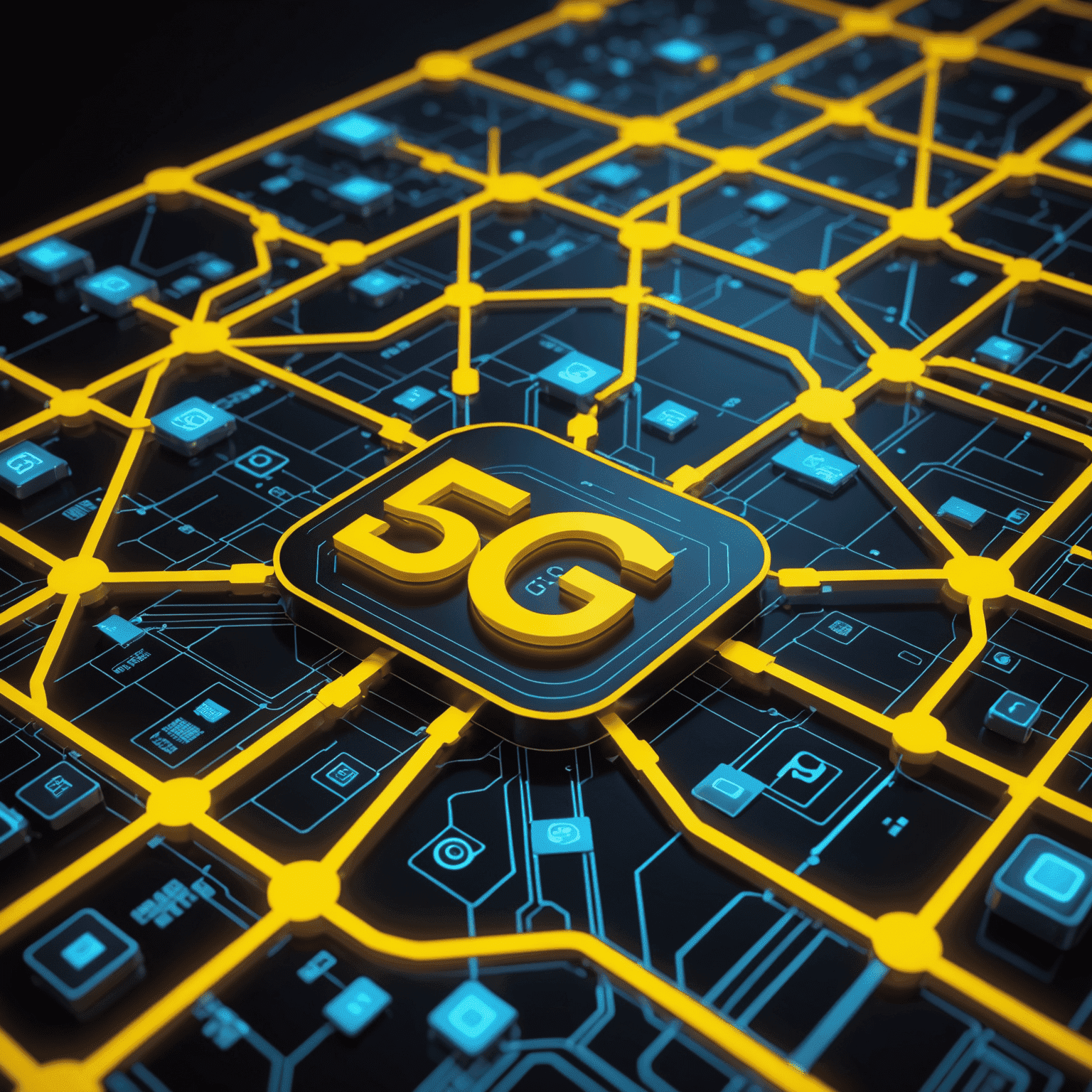 صورة توضيحية لشبكة 5G مع رموز نيون صفراء تمثل الاتصال السريع