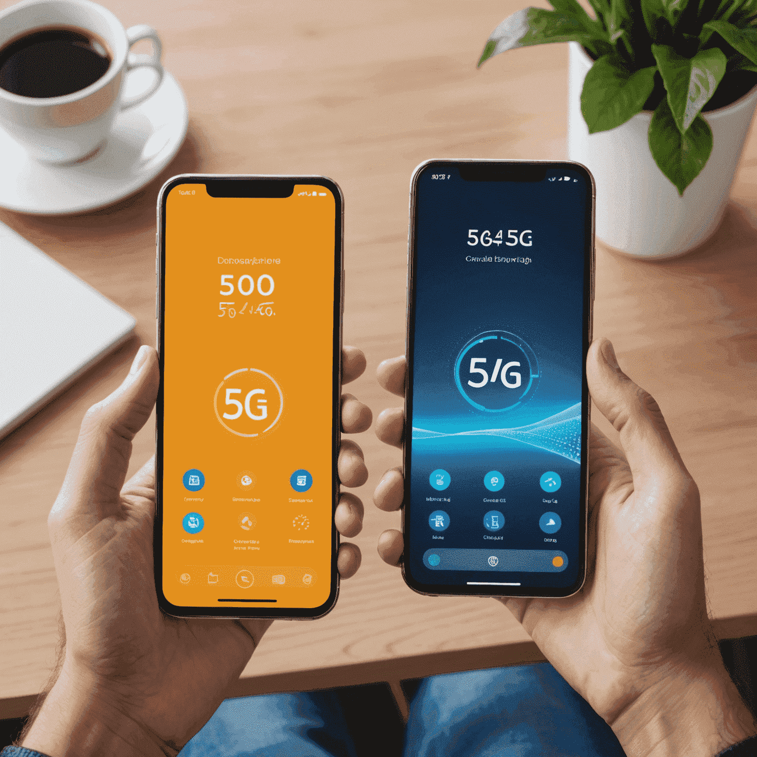 مقارنة بين هاتفين ذكيين، أحدهما يعرض سرعة تحميل 5G والآخر 4G