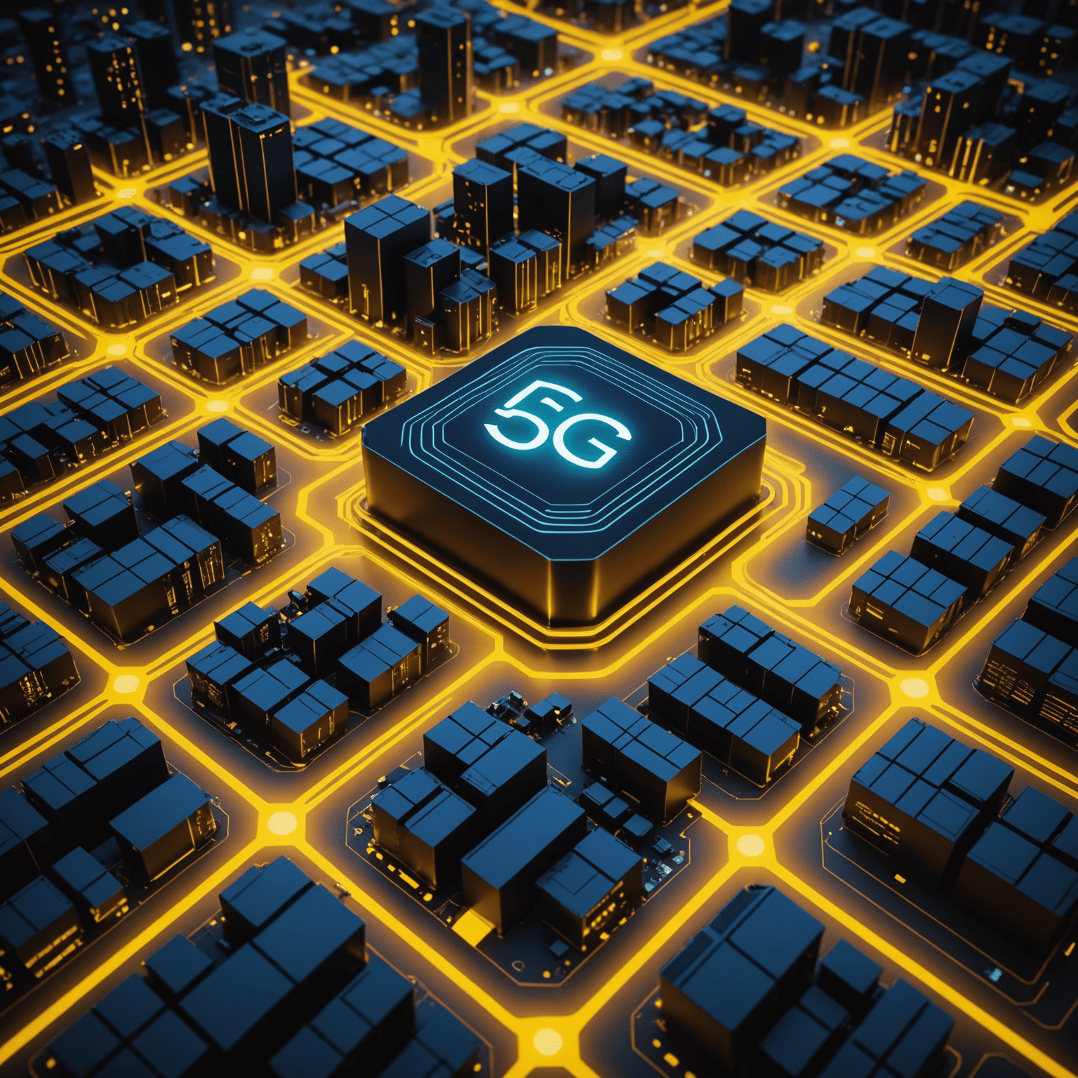 صورة لشبكة 5G مع خطوط نيون صفراء تمثل سرعة البيانات العالية